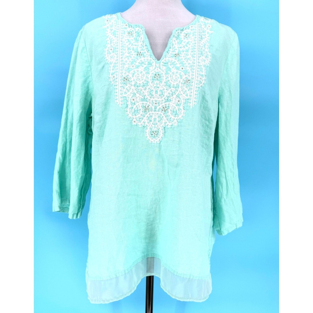 JM Collection Linen Tunic Top Mint Green Embroidered 3/4 Sleeve V Neck Size L‎